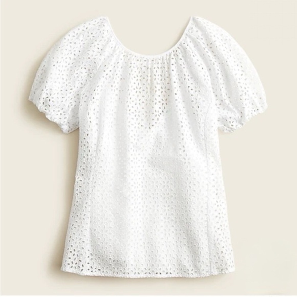 J. Crew Eyelet V-Neck Back Blouse with Puff Sleeves Tie Back Detail